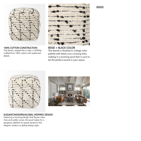 Aarohi 16.0L x 16.0W x 16.0H Cream/Black Cotton Patterned Pouf from Mercana - Luna Furniture