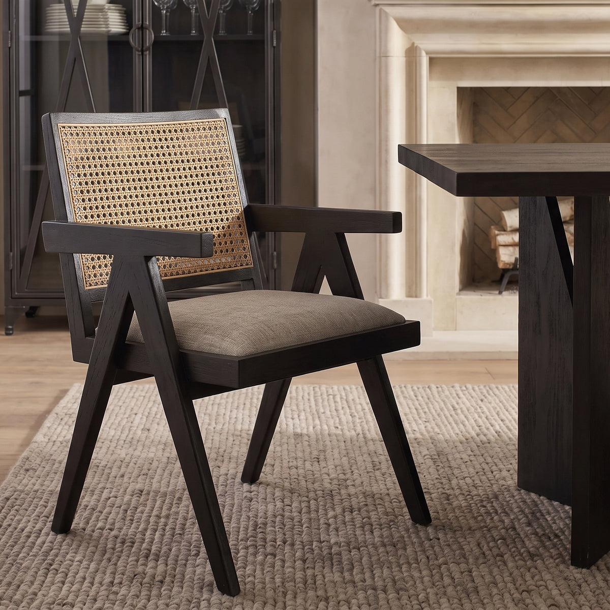 Donna Black Wood Cane-Back w/ Beige Upholstered Seat Dining Chair