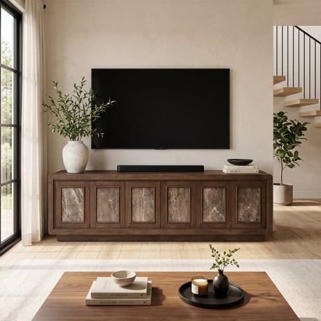 Valterra Dark Brown Wood Media Console with Cappuccino Marble 6 Doors from Mercana - Luna Furniture