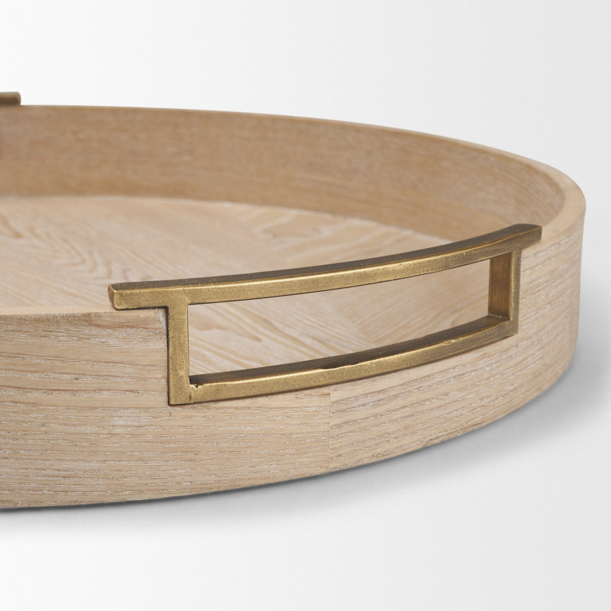 Langford Round White-Washed Wood w/ Brass Handles Tray Set