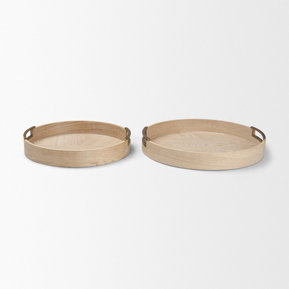 Langford Round White-Washed Wood w/ Brass Handles Tray Set