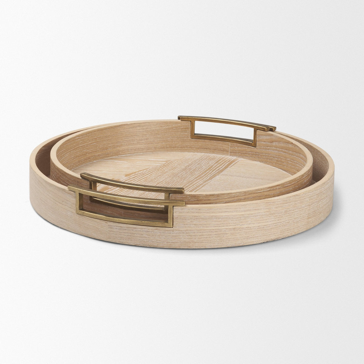 Langford Round White-Washed Wood w/ Brass Handles Tray Set