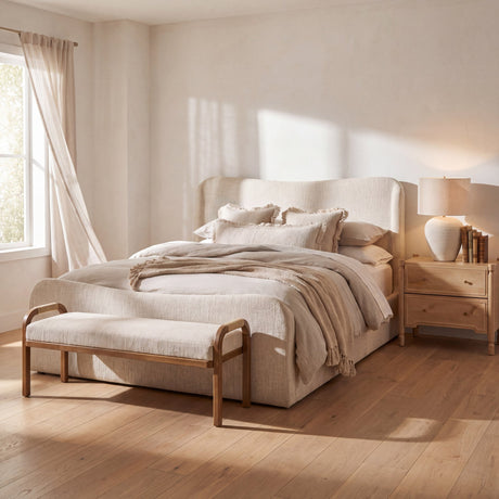 Freya Upholstered Bench | Oatmeal Fabric | Brown Wood Frame from Mercana - Luna Furniture