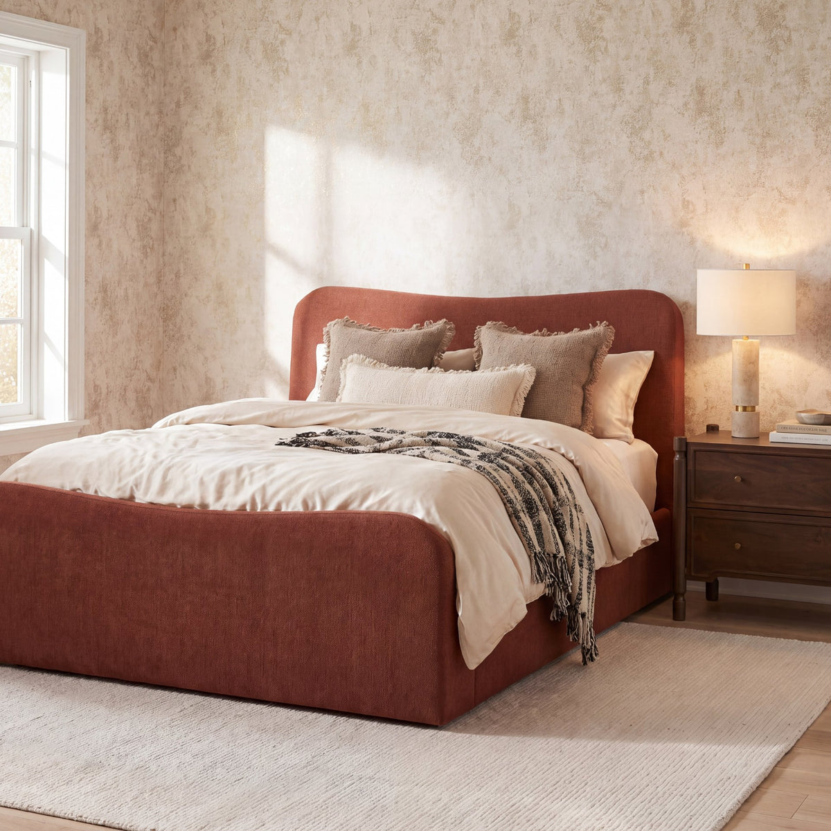 Solene Queen Upholstered Bedframe w/ Footbed | Curved Headboard | Burgundy Fabric from Mercana - Luna Furniture
