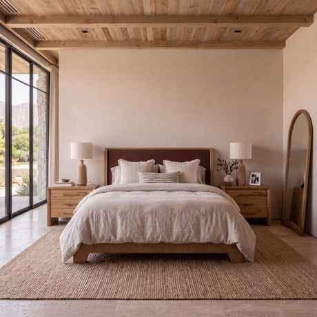 Holden Queen Upholstered Bedframe | Shelter Headboard | Burgundy Performance Fabric from Mercana - Luna Furniture