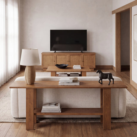 Carmel Closed Media Console | 80" | Raffia w/ Brown Wood from Mercana - Luna Furniture