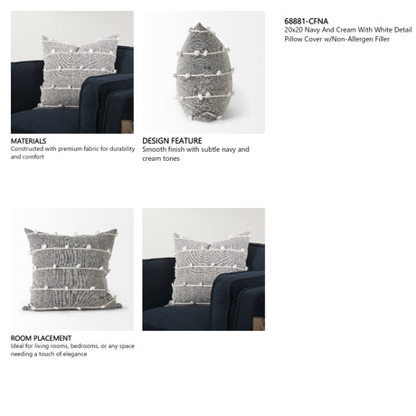 Linda 20x20 Navy And Cream With White Detail Pillow Cover w/Non-Allergen Filler, Set of 2 from Mercana - Luna Furniture