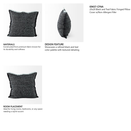 Malia 20x20 Black and Teal Fabric Fringed Pillow Cover w/Non-Allergen Filler, Set of 2 from Mercana - Luna Furniture