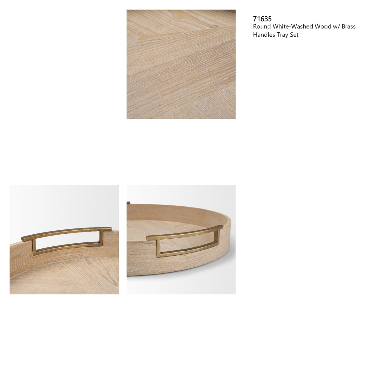 Langford Round White-Washed Wood w/ Brass Handles Tray Set