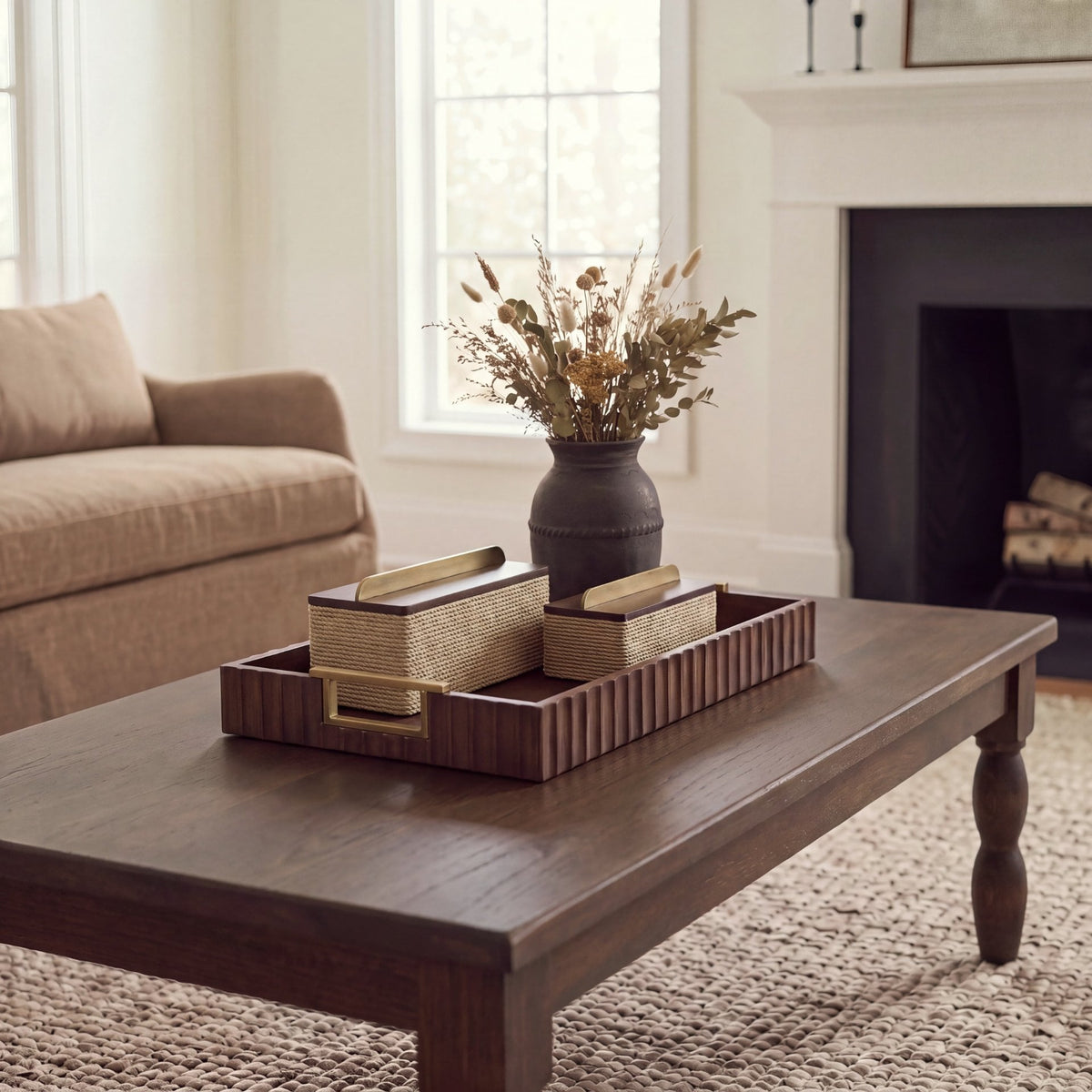 Strata Fluted Brown Walnut Wooden Decortative Tray