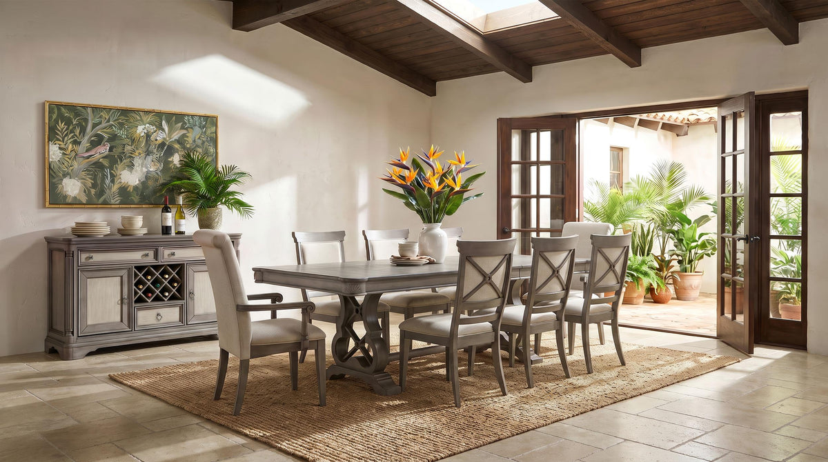 Cresswell Weathered Taupe 104-inch Double Pedestal Extension Dining Table