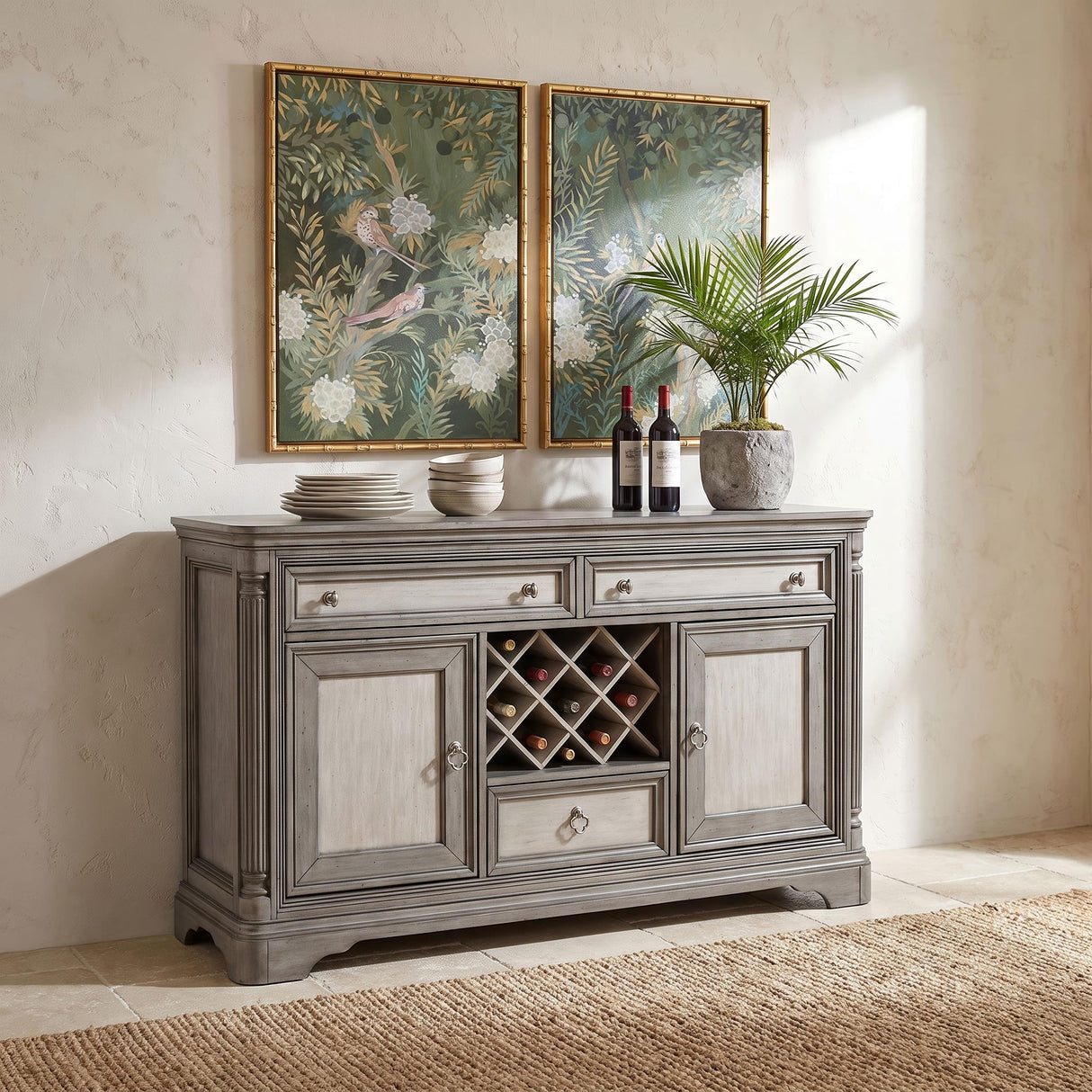 Cresswell Weathered Taupe 2-Door 3-Drawer Wine Storage Buffet