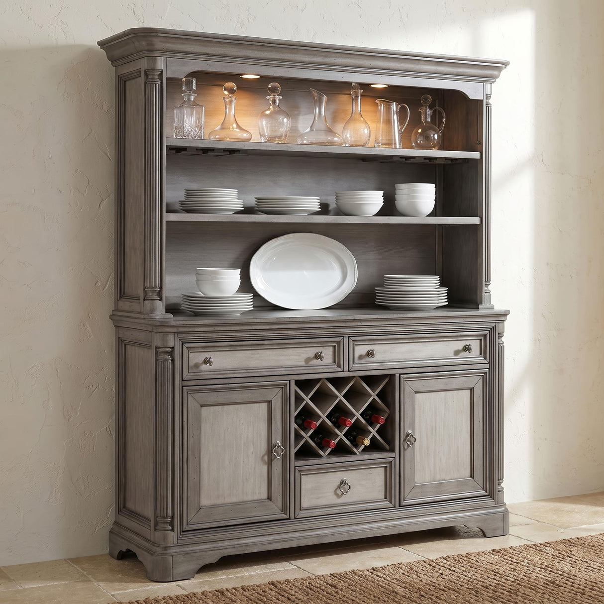 Cresswell Weathered Taupe 2-Tier Touch Light Hutch Display Cabinet from Coaster - Luna Furniture