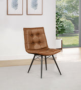 Aiken Saddle dining side chair, saddle-brown faux leather, button-tufted back, lifestyle view