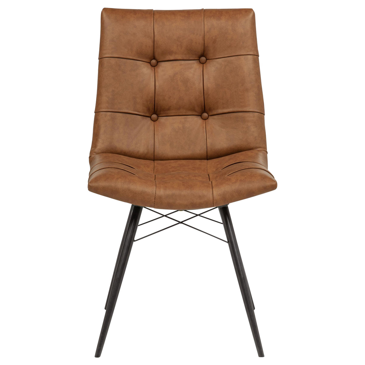 Aiken Saddle dining side chair, front view, button-tufted saddle-brown faux leather