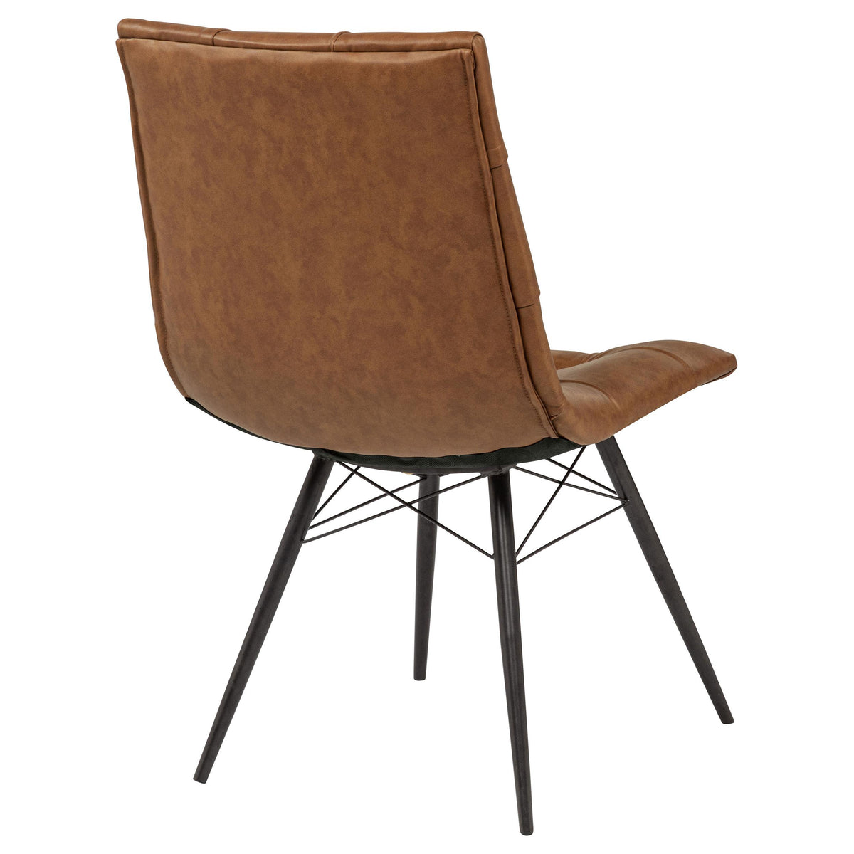 Aiken Saddle dining side chair, rear view, saddle-brown faux leather back and black metal legs