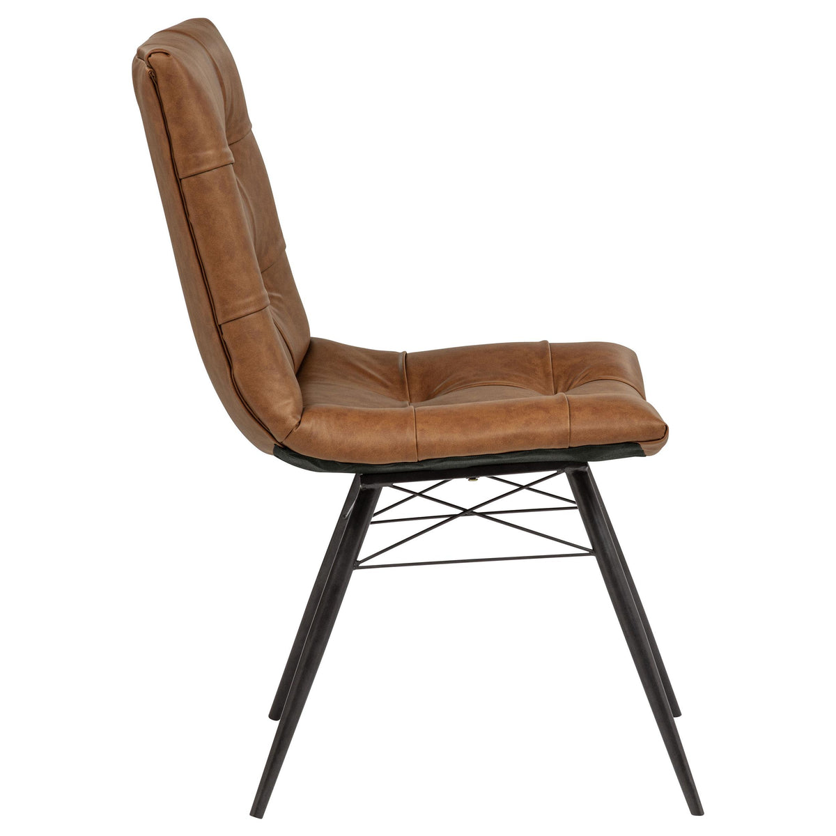 Aiken Saddle dining side chair, rear three-quarter view, faux leather upholstery and black metal legs