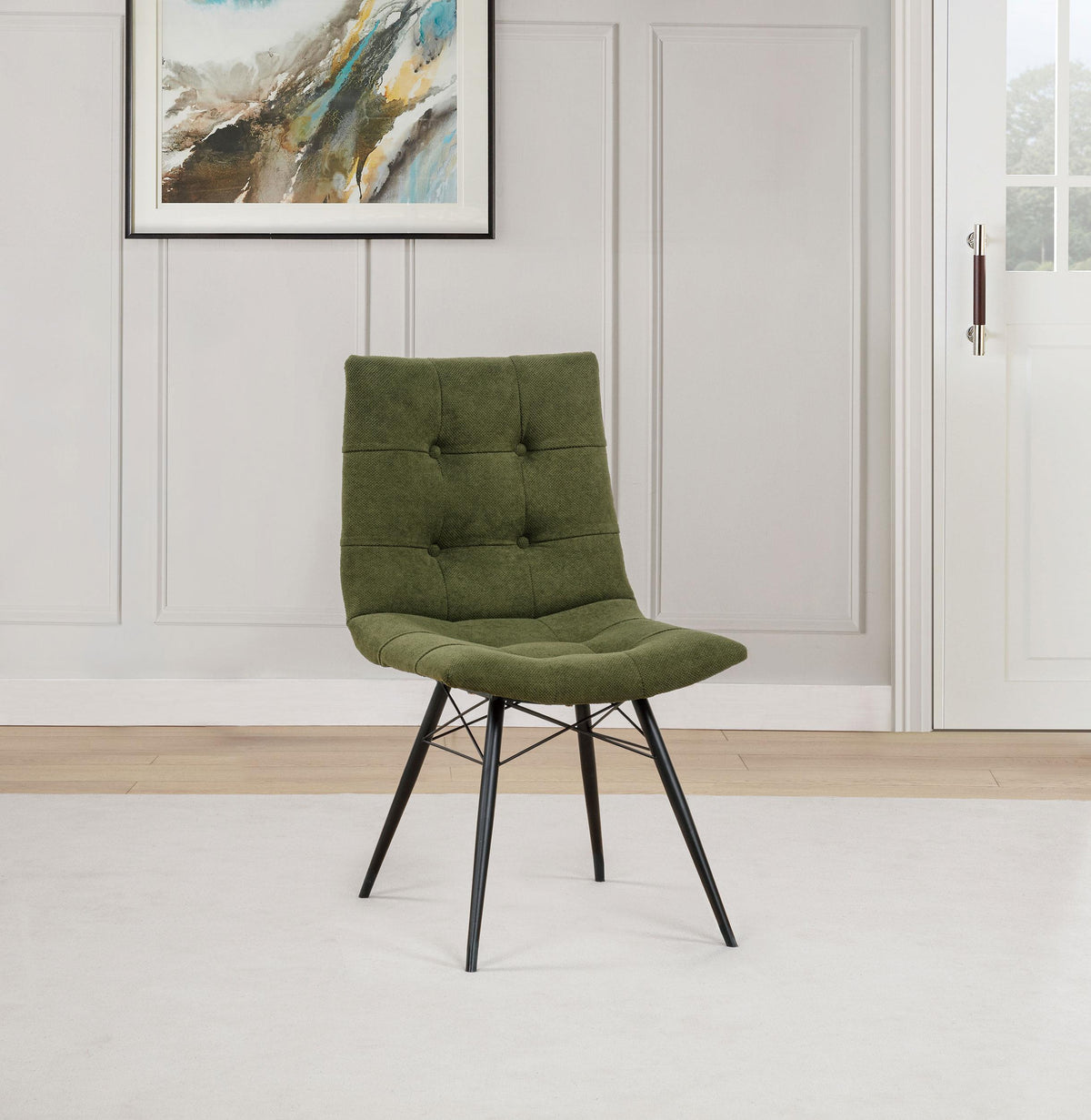 Aiken Forest green dining side chair, button-tufted back and black metal legs, lifestyle view