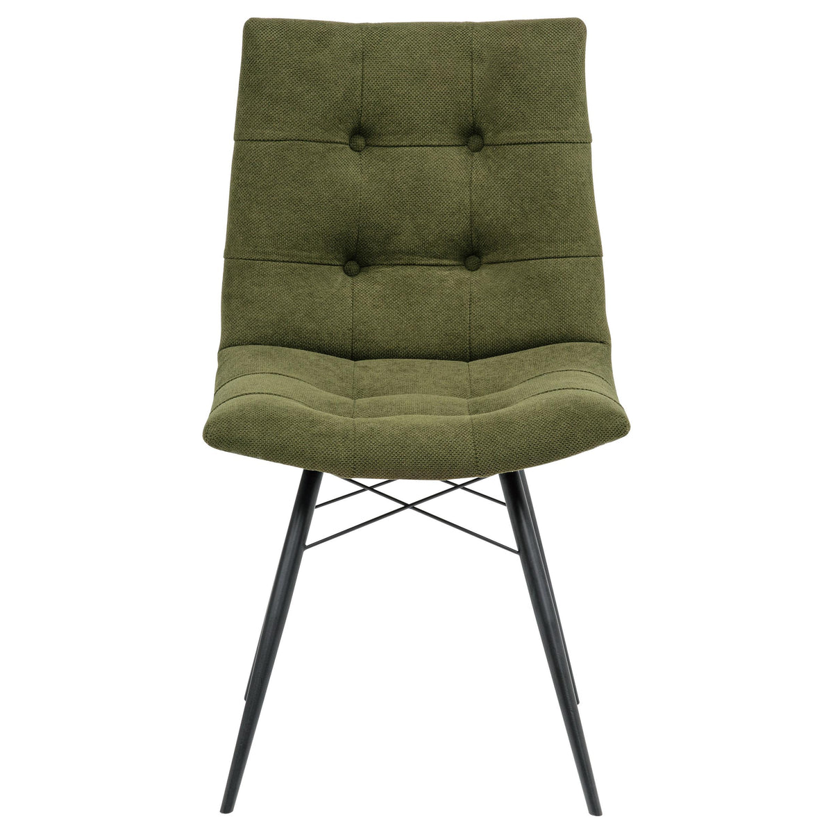 Aiken Forest green dining side chair, padded tufted seat and slim black legs, front view