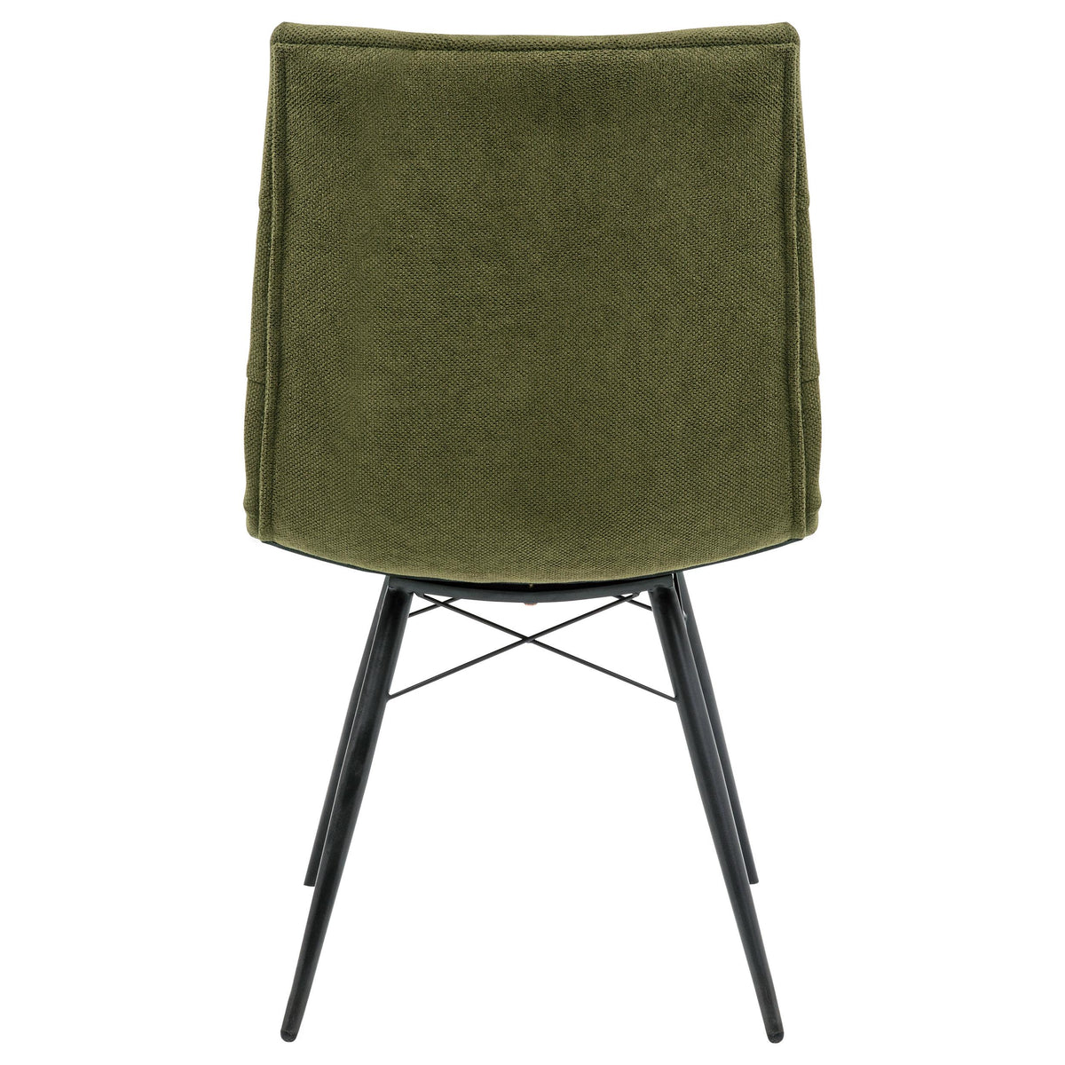 Aiken Forest green dining side chair, side view with tufted upholstery and black metal frame