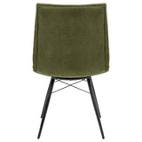 Aiken Forest green dining side chair, side view with tufted upholstery and black metal frame