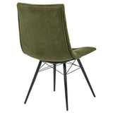 Aiken Forest green dining side chair, rear view with upholstered back and black metal legs