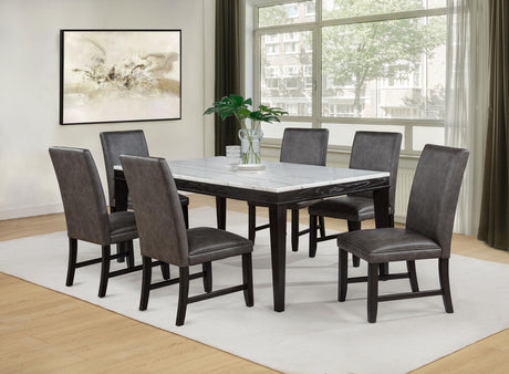Averill 7-piece White Marble Top Dining Set with Dark Grey and Coffee Bean Chairs from Coaster - Luna Furniture