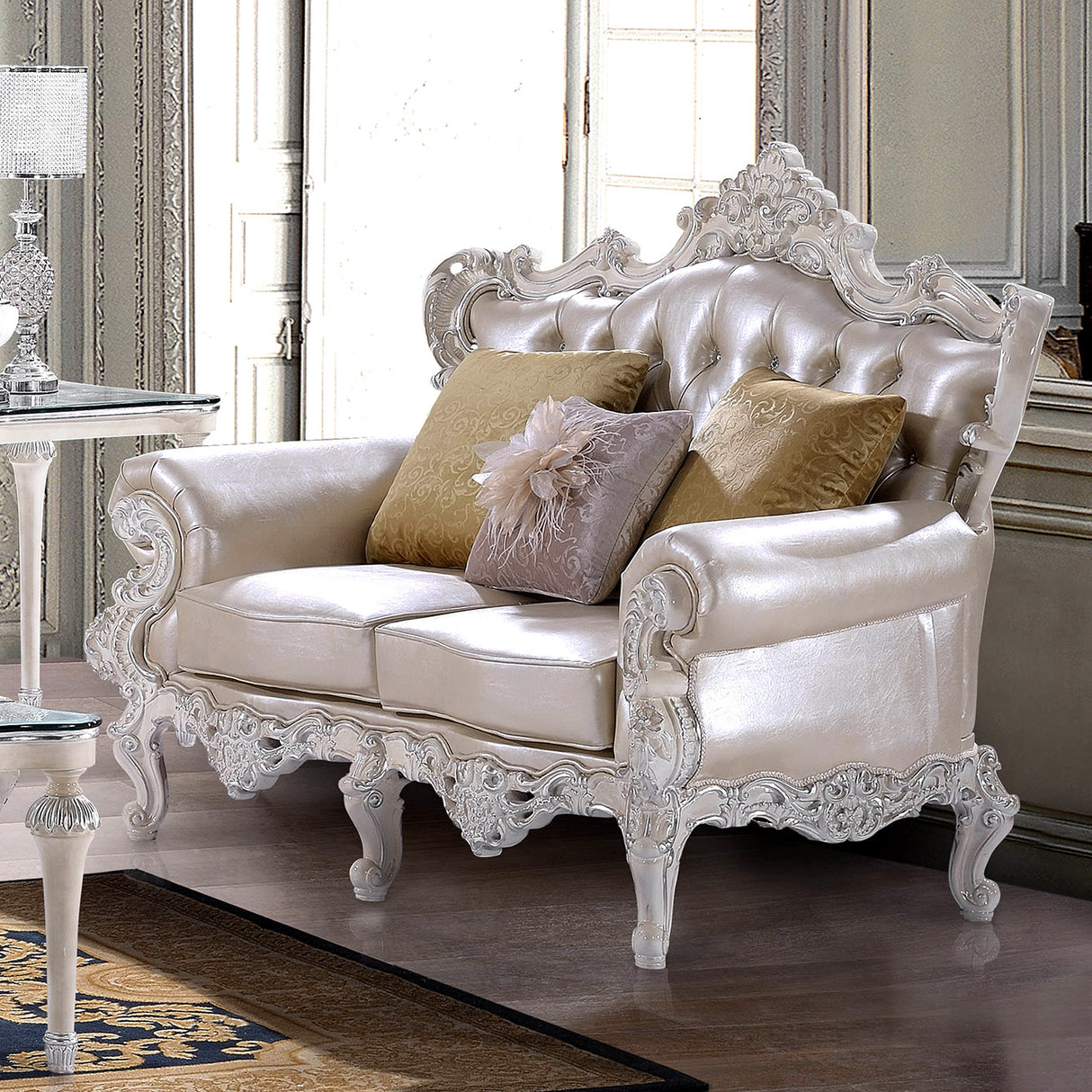 HD-13009 Antique White/Metallic Silver Highlights Loveseat from Homey Design - Luna Furniture