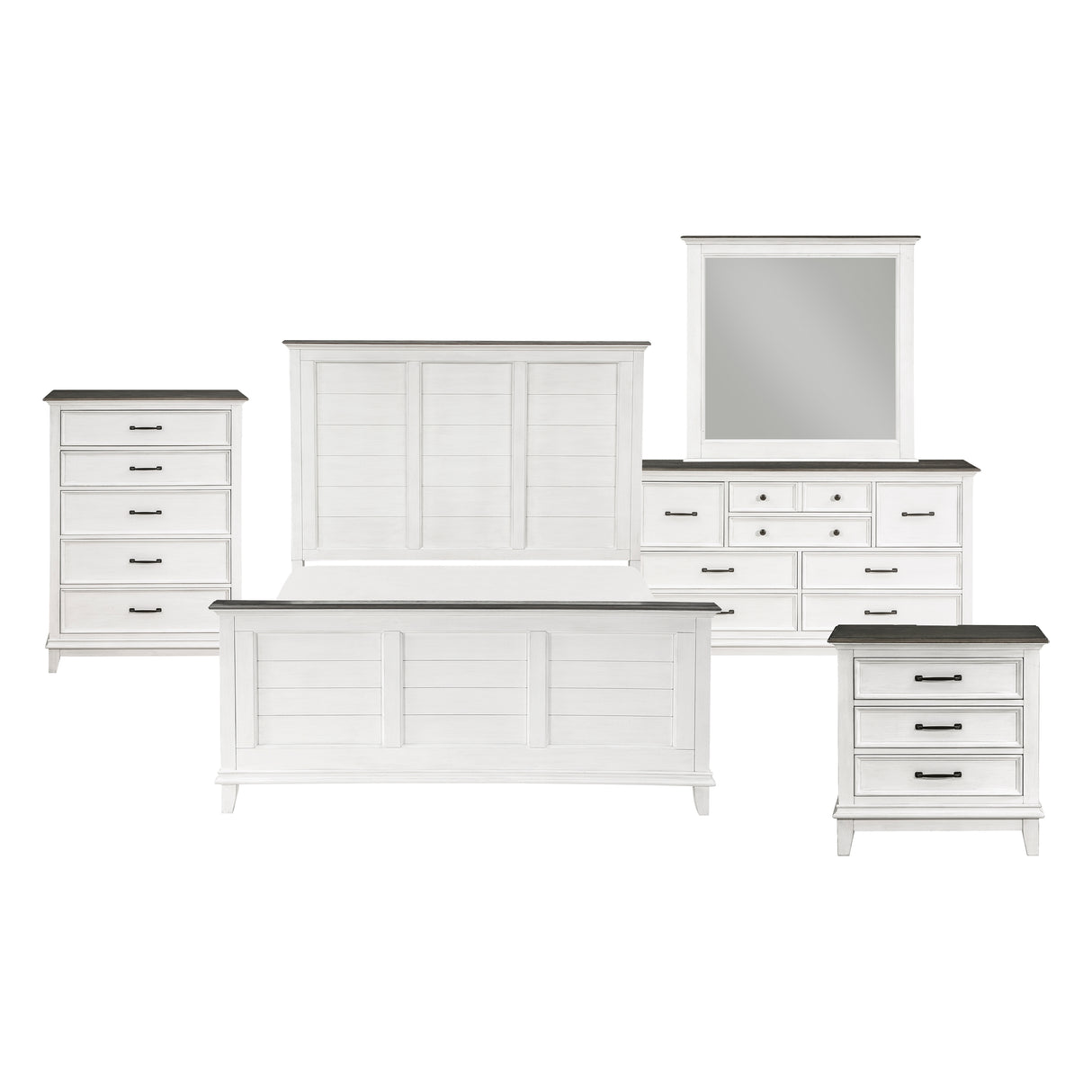 Chesterton Antique White/Dark Brown 5-Piece Bedroom Set (Queen Bed, Nightstand, Dresser, Mirror, Chest) from Homelegance - Luna Furniture