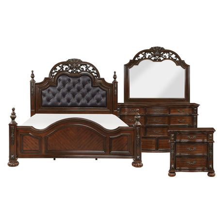 Adelina Cherry 5-Piece Poster Bedroom Set (Queen Bed, Nightstand, Dresser, Mirror, Chest) from Homelegance - Luna Furniture