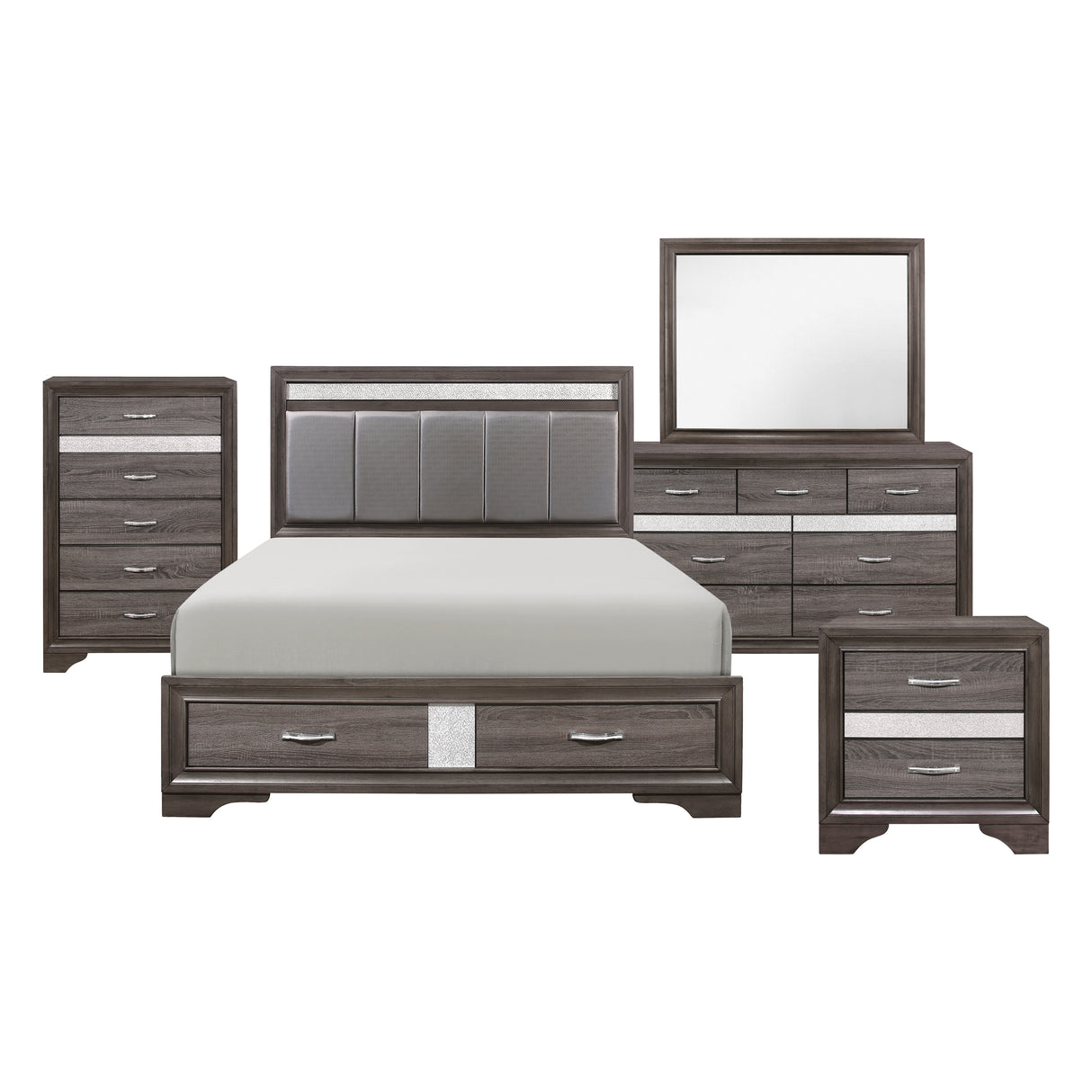 Luster Gray 5-Piece Bedroom Set (Queen Bed, Nightstand, Dresser, Mirror, Chest) from Homelegance - Luna Furniture