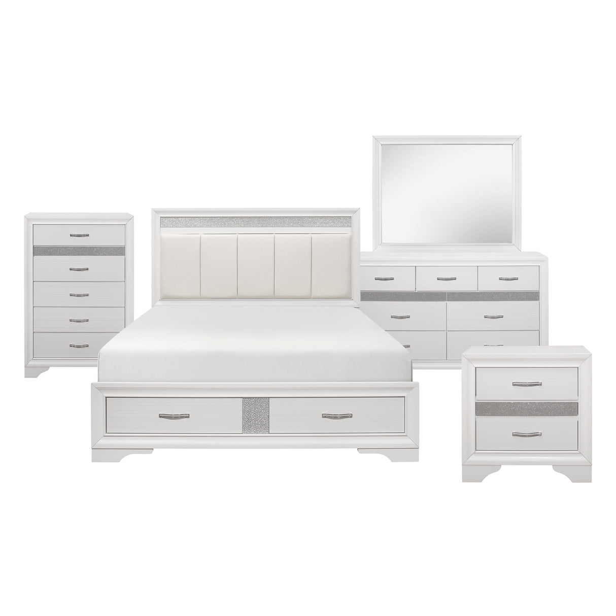 Luster White 5-Piece Bedroom Set (Queen Bed, Nightstand, Dresser, Mirror, Chest) from Homelegance - Luna Furniture