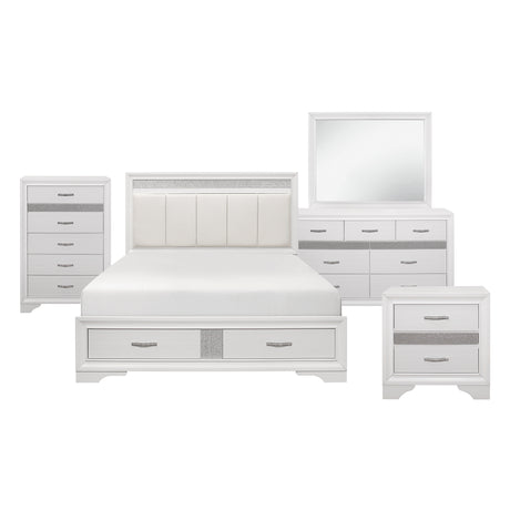 Luster White 5-Piece Bedroom Set (Queen Bed, Nightstand, Dresser, Mirror, Chest) from Homelegance - Luna Furniture