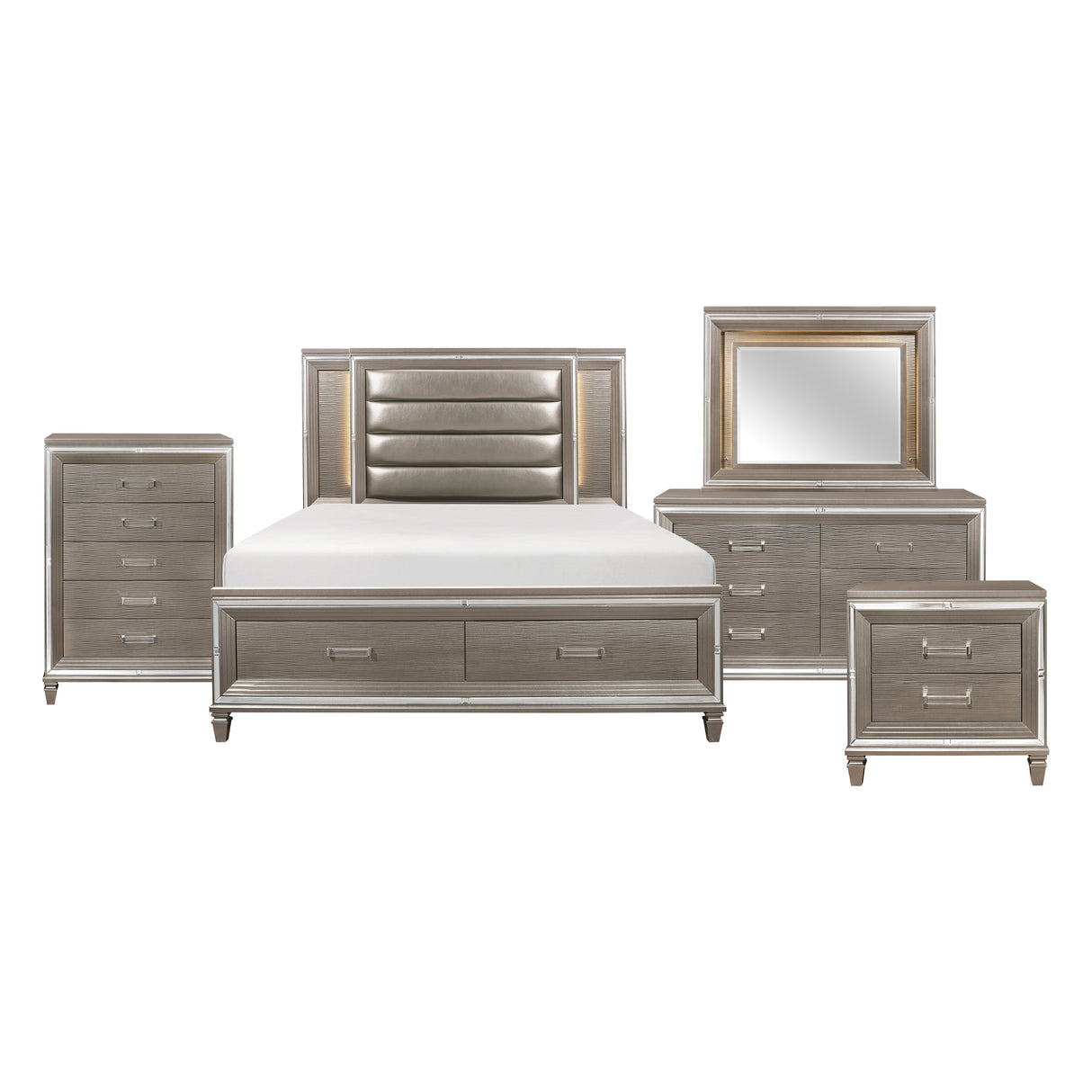 Tamsin Silver/Gray Metallic 5-Piece Bedroom Set (Queen Bed, Nightstand, Dresser, Mirror, Chest) from Homelegance - Luna Furniture