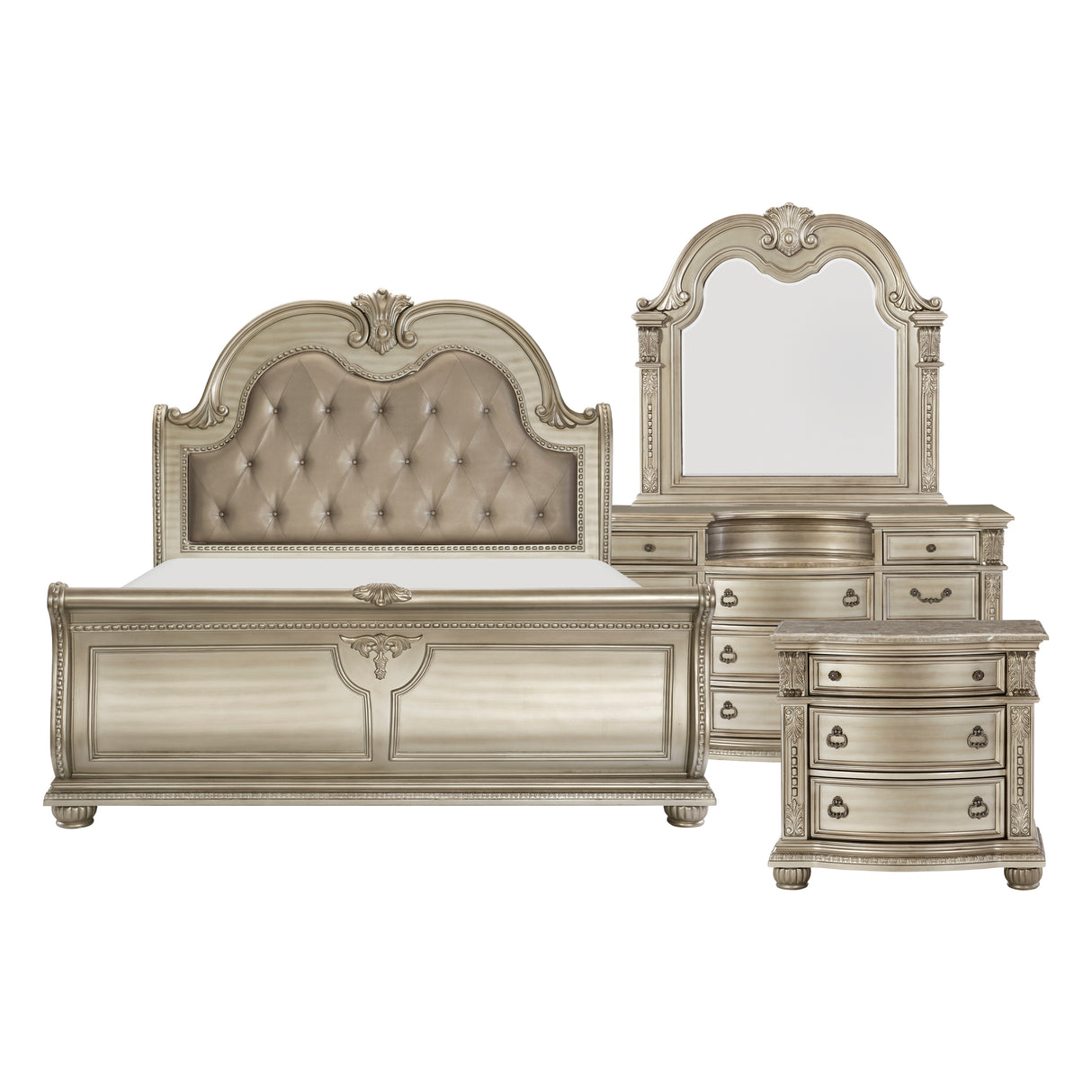 Cavalier Silver 4-Piece Bedroom Set (Queen Bed, Nightstand, Dresser, Mirror) from Homelegance - Luna Furniture