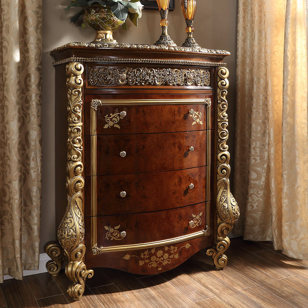 HD-1803 Burl/Metallic Antique Gold Chest
