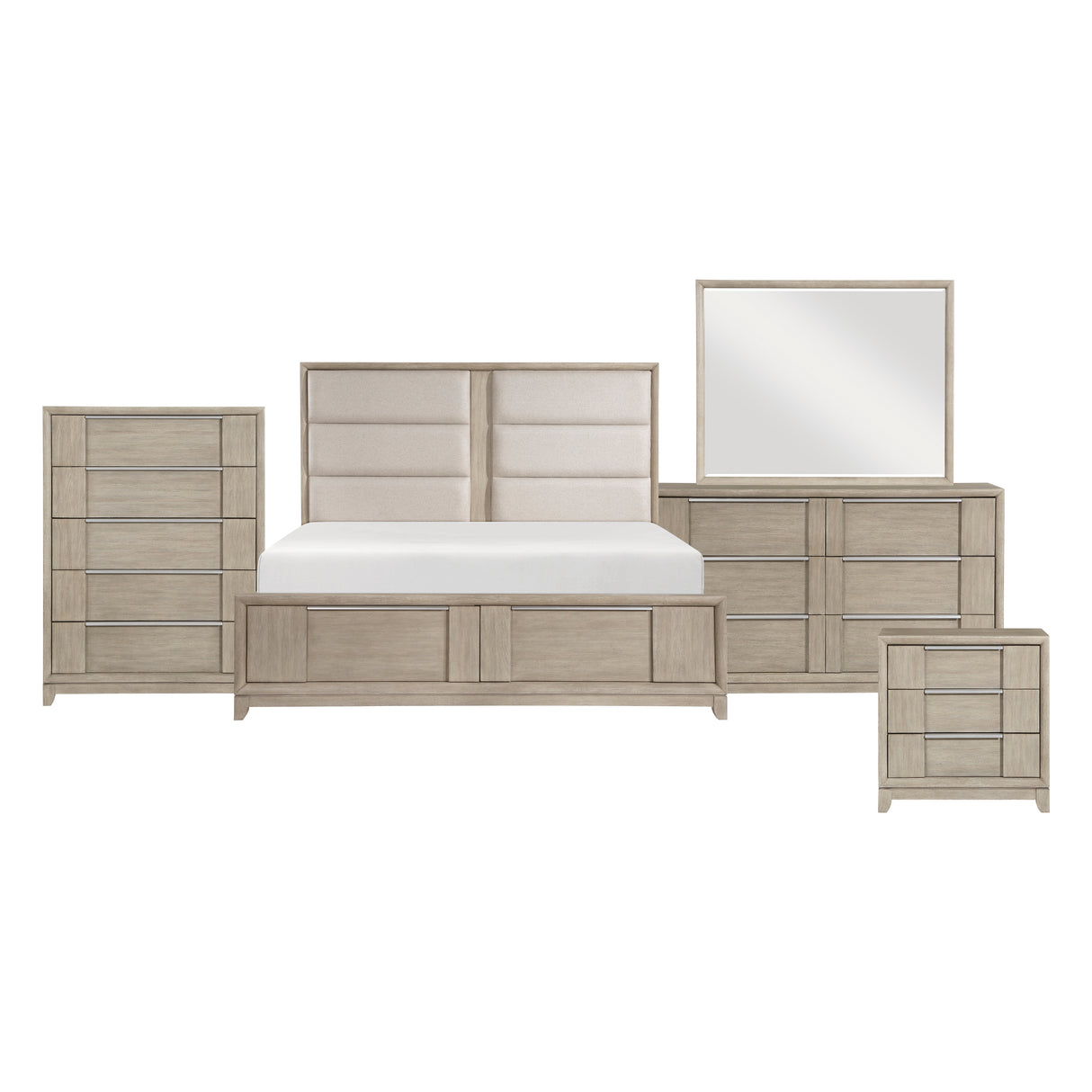McKewen Light Gray 5-Piece Queen Upholstered Storage Platform Bedroom Set (Queen Bed, Nightstand, Dresser, Mirror, Chest) from Homelegance - Luna Furniture
