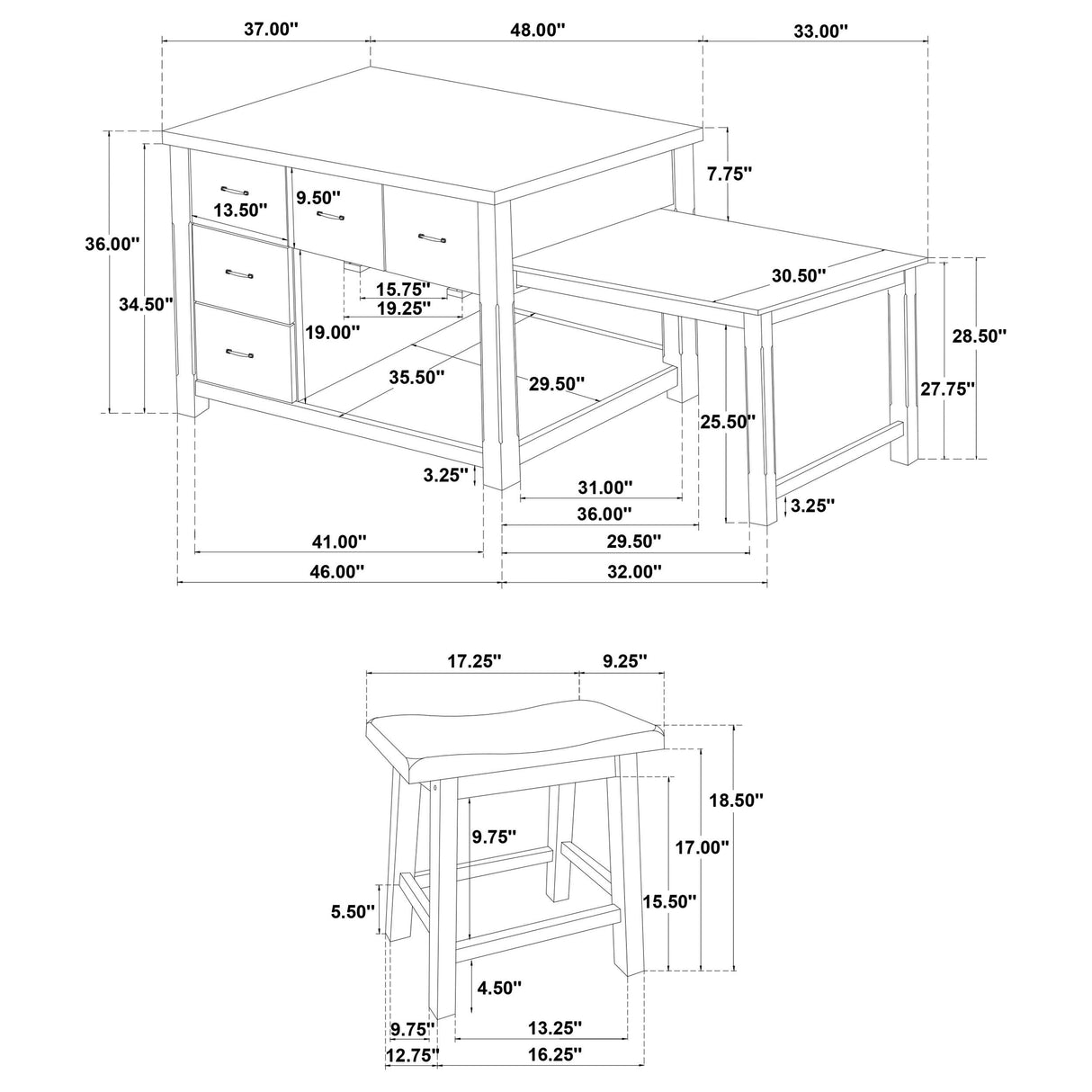 Mayfair Dark Oak 3-Piece Kitchen Island with Extension Table from Coaster - Luna Furniture