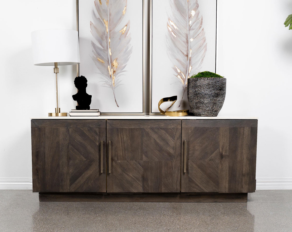 Dennis Tobacco sideboard buffet, marble top and brass pulls, styled front view