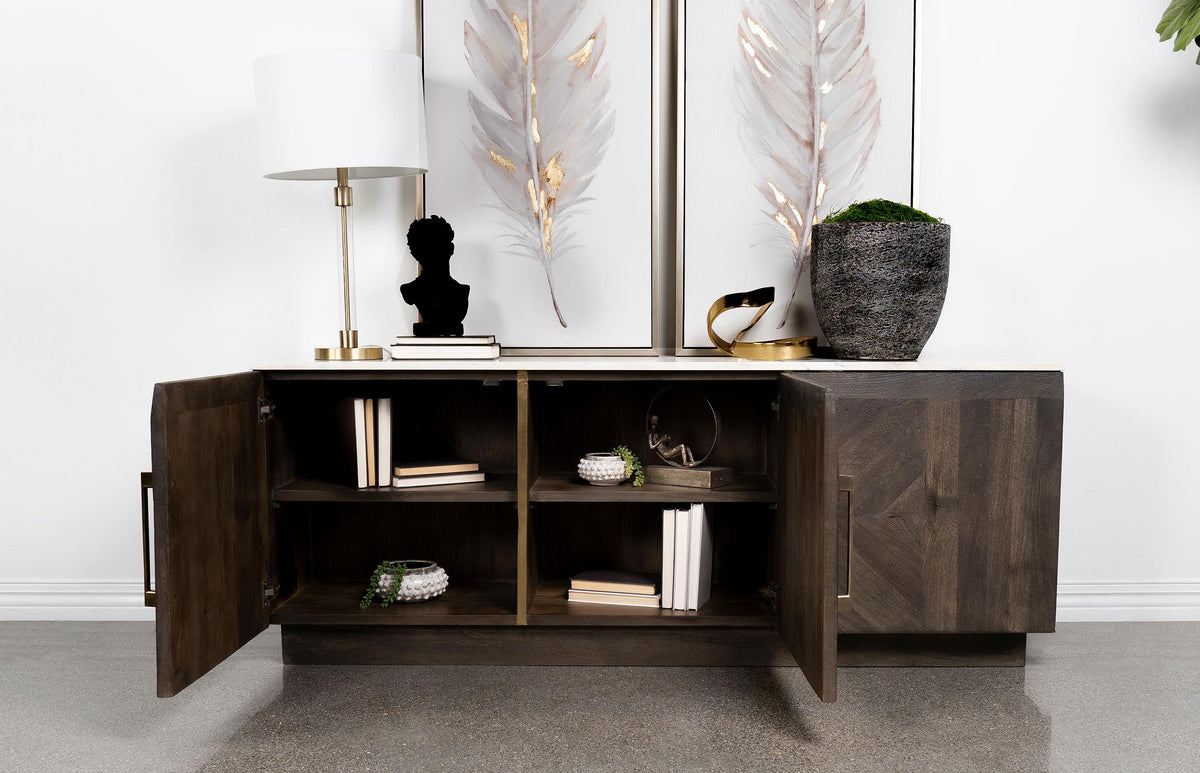 Dennis Tobacco sideboard buffet, open doors and shelf storage, front view