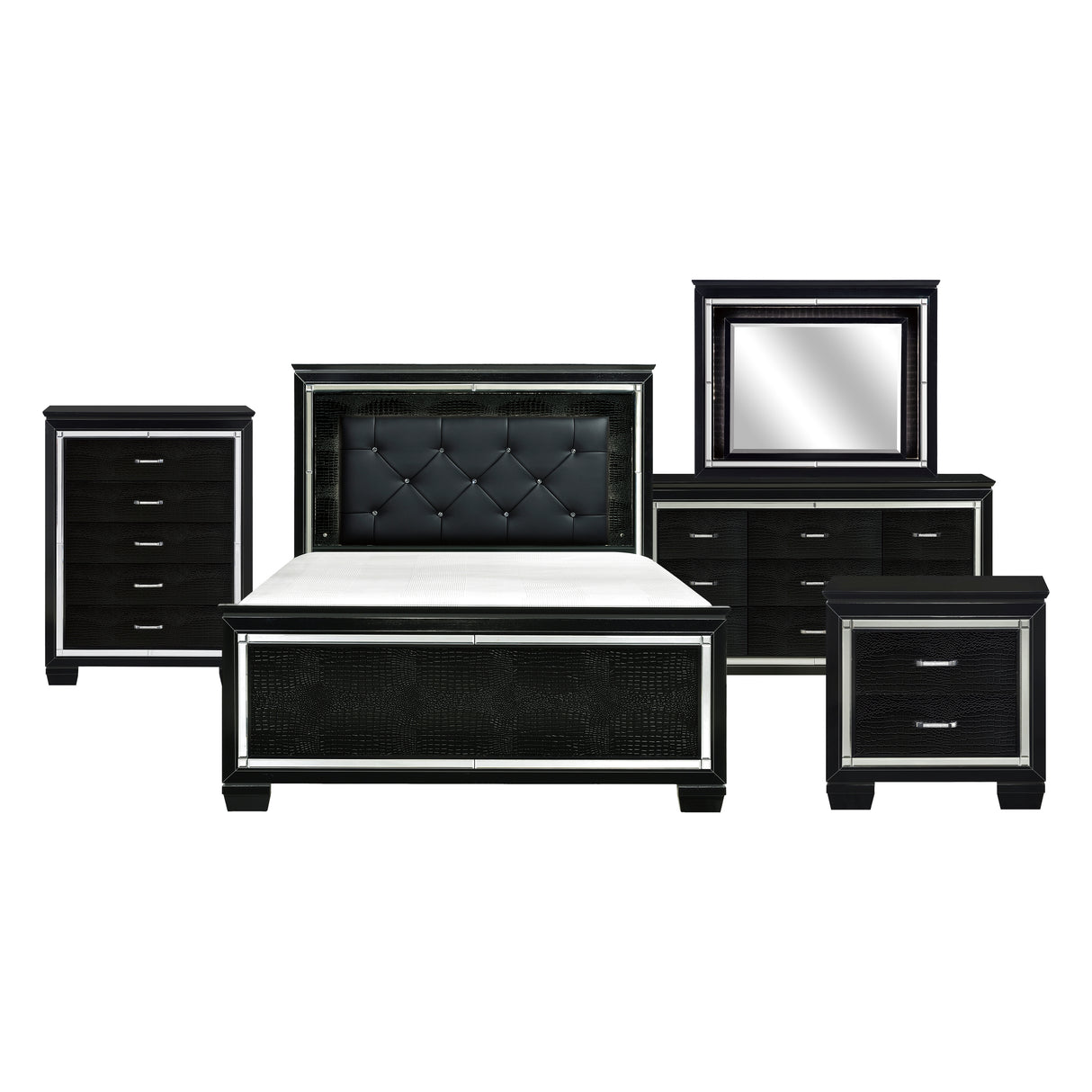 Allura Black 5-Piece Bedroom Set (Queen Bed, Nightstand, Dresser, Mirror, Chest) from Homelegance - Luna Furniture