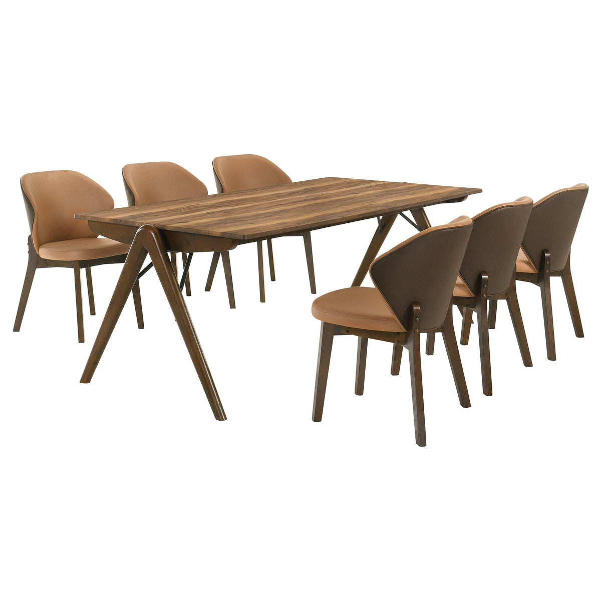 Randolph Sheesham 7-piece dining set, rectangular wood table and six chairs, white background