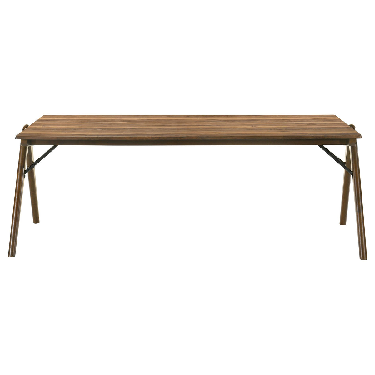 Randolph Sheesham dining table, side view with trestle base, warm wood finish