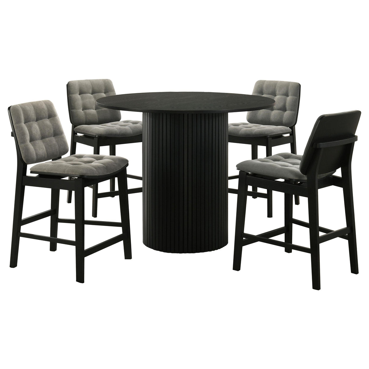 Hamlyn Black 5-piece counter height dining set, round table and four gray stools, front view