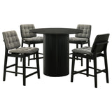 Hamlyn Black 5-piece counter height dining set, round table and four gray stools, front view