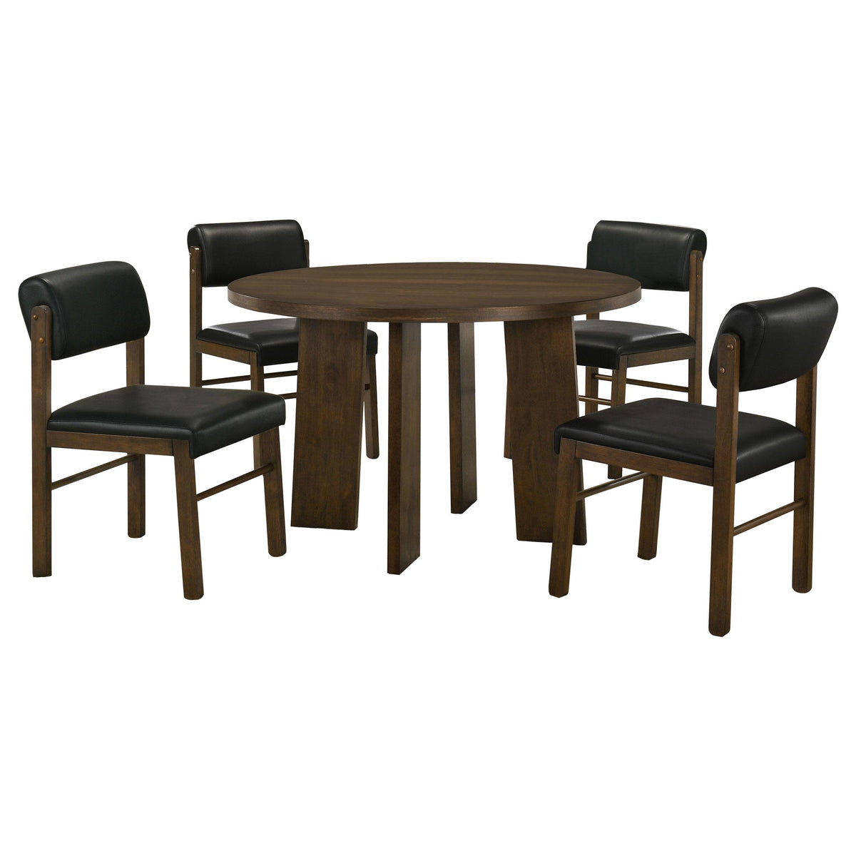 Strouse Walnut dining set with round table and four black chairs, studio front view