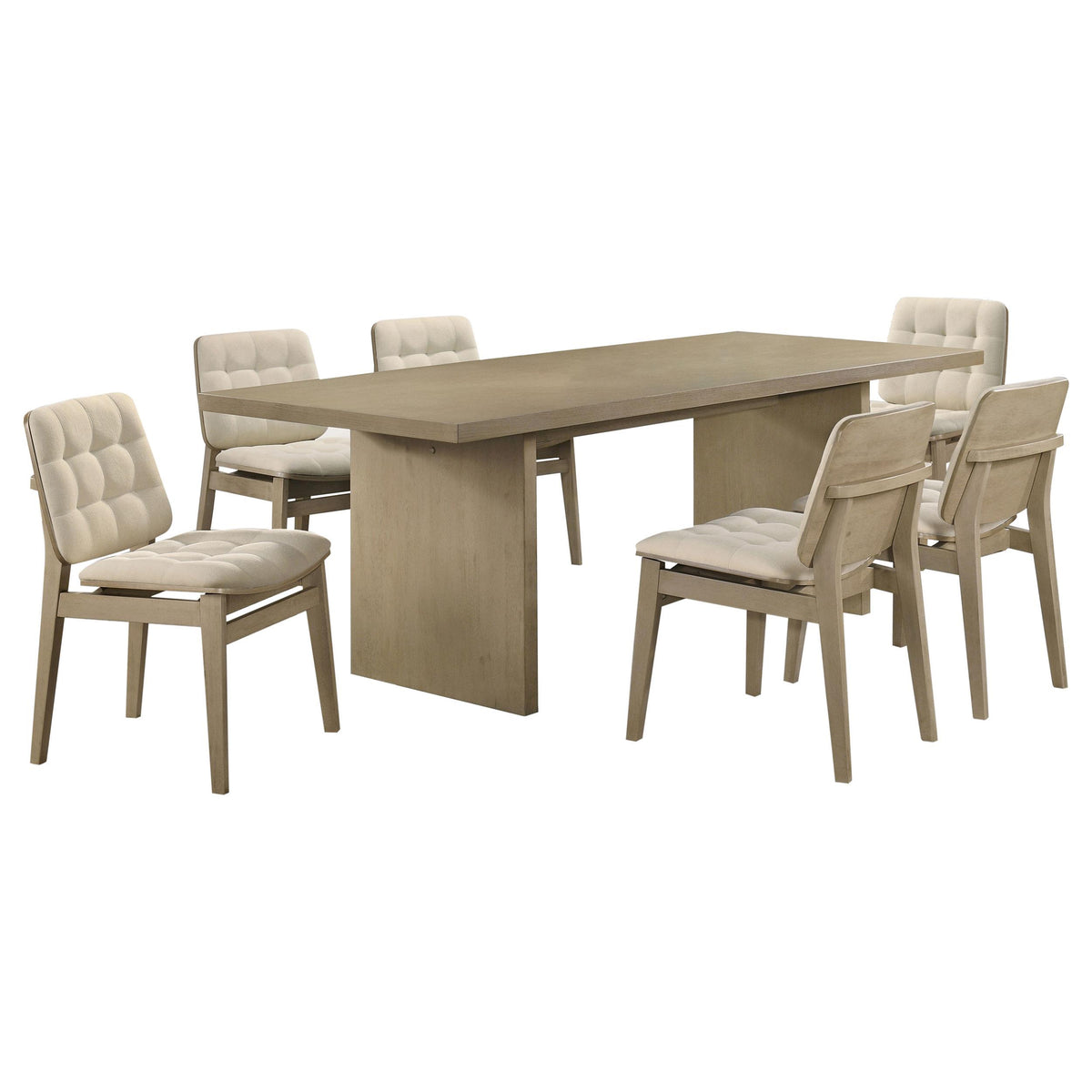 Decker 7-piece dining set, cream tufted chairs and natural oak table, front view