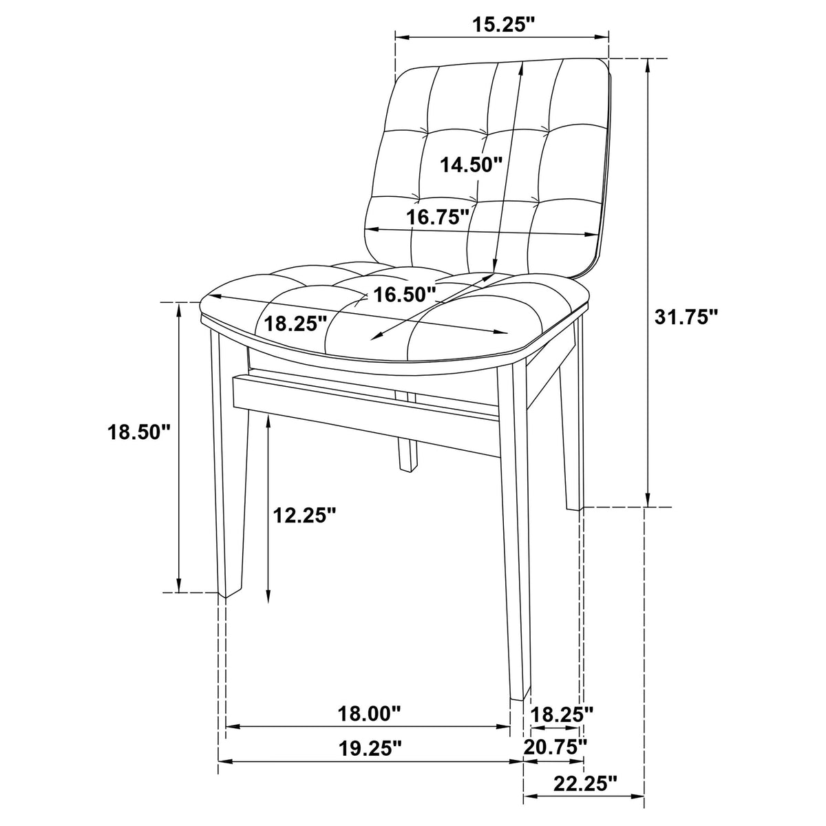 Decker dining chair dimensions, cream tufted chair diagram with measurements