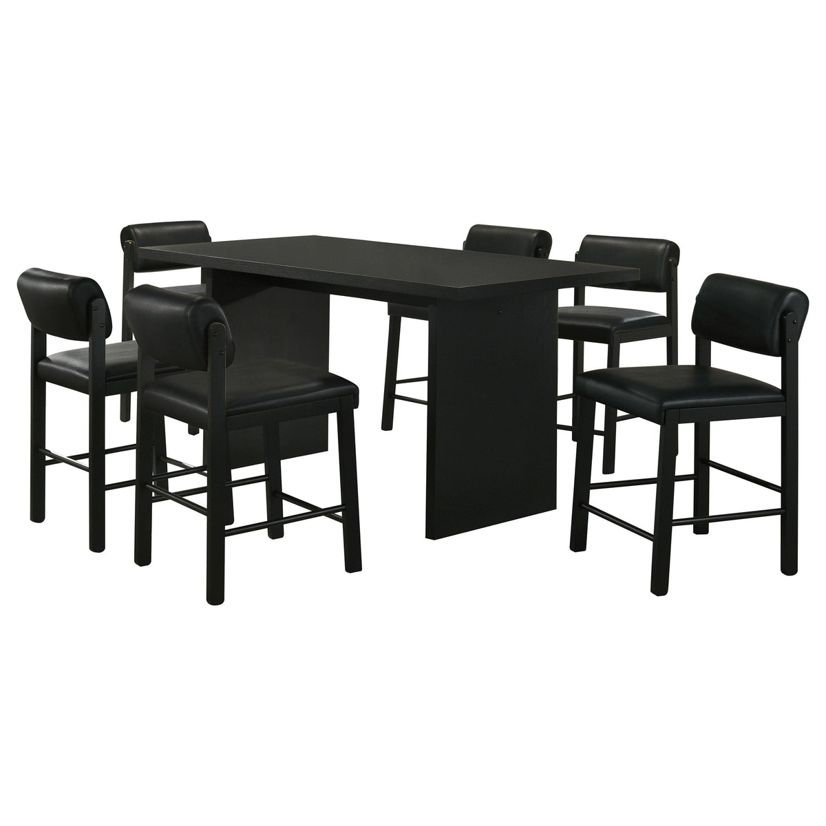 Decker Black 7-Piece Counter Height Dining Set, table with six stools, white background three-quarter view