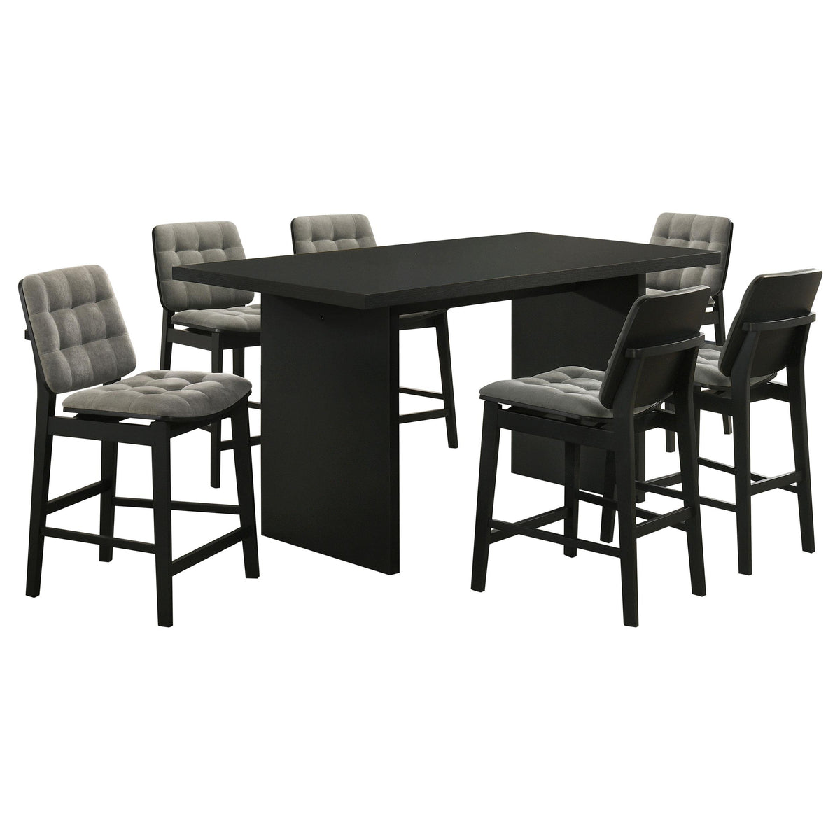 Decker Black 7-piece dining set, rectangular table with six grey tufted stools, set overview